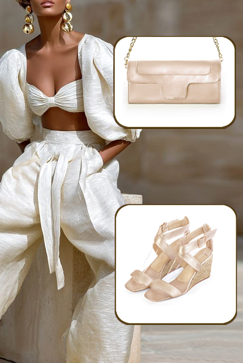 Women's gold elegant fully open cross straps sandals. Square toe. Medium wedge heels - Top view